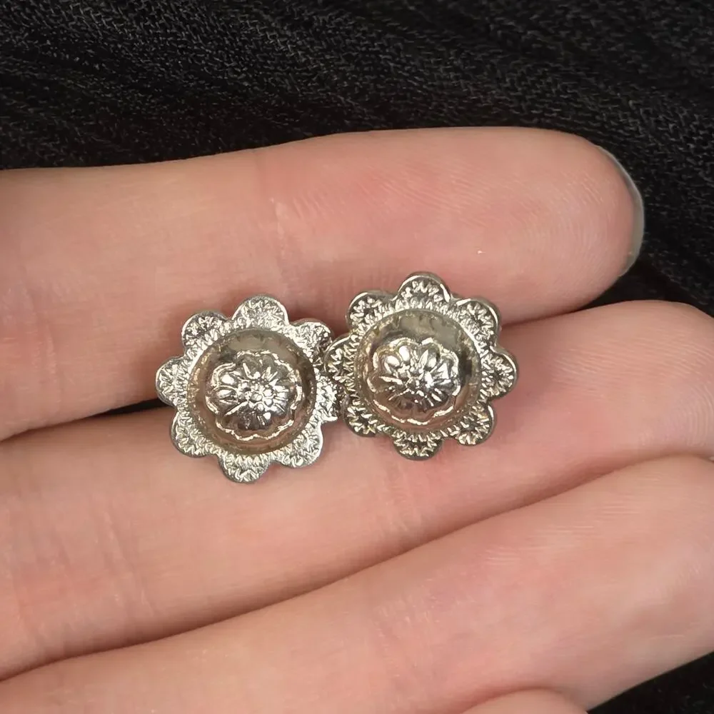 Vintage Silver Tone Floral Concho Stud Earrings Western Boho